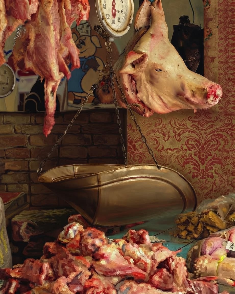 Hanging beef and a pig's head over a butcher's scale inside the meat hall at Mercado Guanuca, Matagalpa